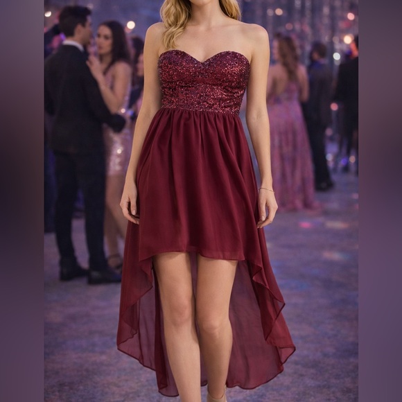 Deb Dresses & Skirts - Vintage Formal Dress high low burgundy strapless size M prom